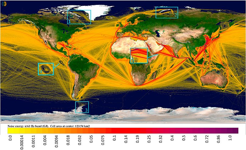 Les zones labellisées sont les suivantes : mer de Baffin avec exploitations minières ;  2 : Mer de Kara avec les gisements de gaz de Yamal ;  3 : Stations de recherche du bassin Palmer ;  4 : îles Galapagos ;  5 : Île de Socotra.