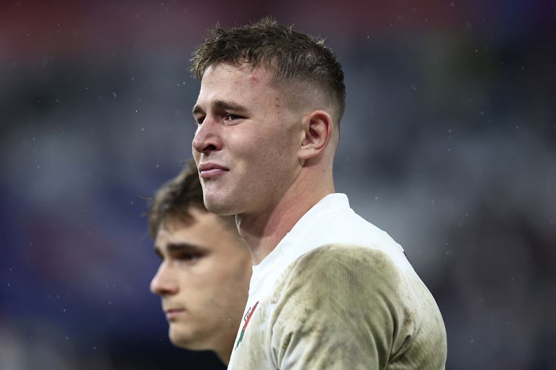 Theo Dan et Freddie Steward d'Angleterre&apos réagissent à la fin du match demi-finale de la coupe du monde de rugby entre l'Angleterre et l'Afrique du Sud au Stade de France