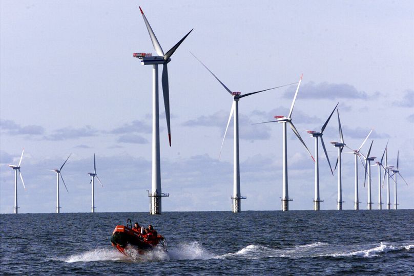 Un bateau rapide longe les éoliennes offshore de 110 mètres de haut installées dans la mer du Nord.