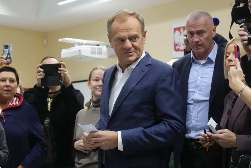 Le principal chef de l'opposition polonaise, Donald Tusk, se prépare à voter lors des élections législatives à Varsovie, en Pologne, le dimanche 15 octobre 2023.