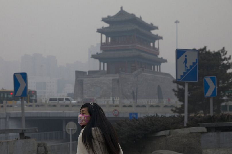 Une femme porte un masque alors qu'elle marche sous le smog à Pékin, février 2014.