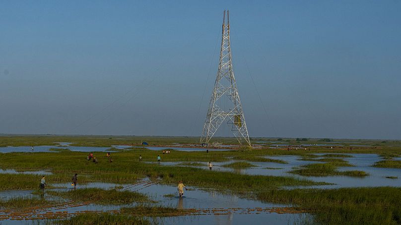 Des ouvriers traversent un marais pour installer des pylônes de transmission électrique pour le parc d'énergies renouvelables d'Adani, près de Khavda,