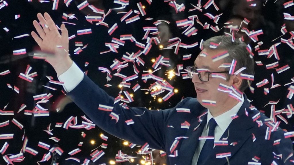 FILE: Serbian President Aleksandar Vucic waves to his supporters, during a pre-election rally of his ruling Serbian Progressive Party in Belgrade, Serbia. 2 December 2023