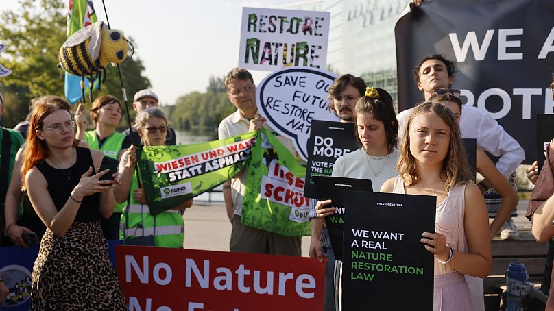 La militante suédoise pour le climat Greta Thunberg et d'autres militants participent à une manifestation avant le vote de la loi sur la restauration de la nature, le 11 juillet.