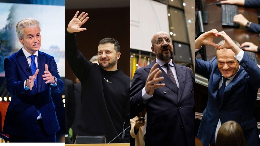 Dutch election winner Geert Wilders, Ukrainian President Volodymyr Zelenskyy, European Council President Charles Michel and new Polish prime minister Donald Tusk