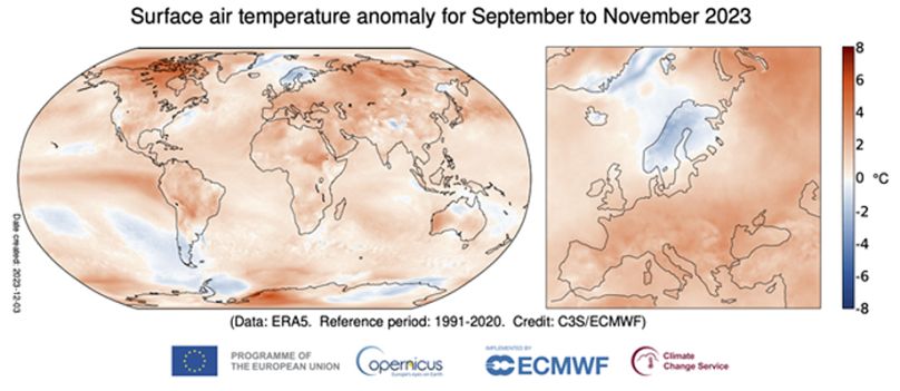 Anomalie de température de l’air en surface de septembre à novembre 2023