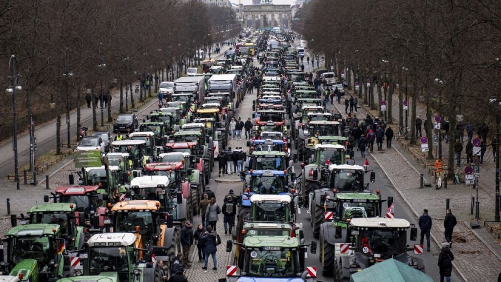 German farmers protest with their tractors at the Brandenburg Gate in Berlin, December 19th 2023