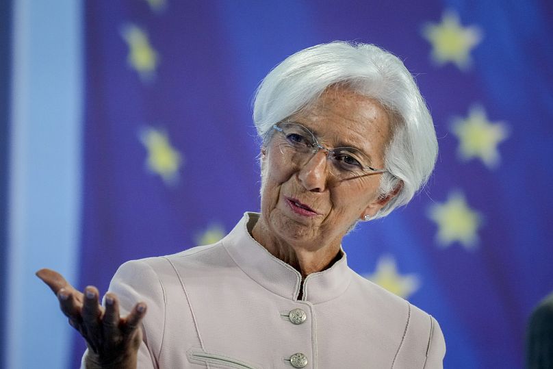 La présidente de la Banque centrale européenne, Christine Lagarde, s'exprime lors d'une conférence de presse