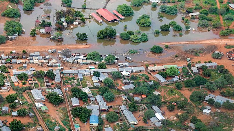 Une vue aérienne montre une zone inondée dans le comté de Mandera, au Kenya, le mercredi 13 décembre 2023.