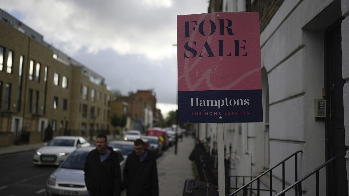 A placard shows a house for sale in London