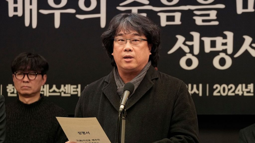 Bong Joon-ho speaks during a press conference demanding an investigation into the case for the death of the late actor Lee Sun-kyun in Seoul, South Korea, Jan. 12, 2024