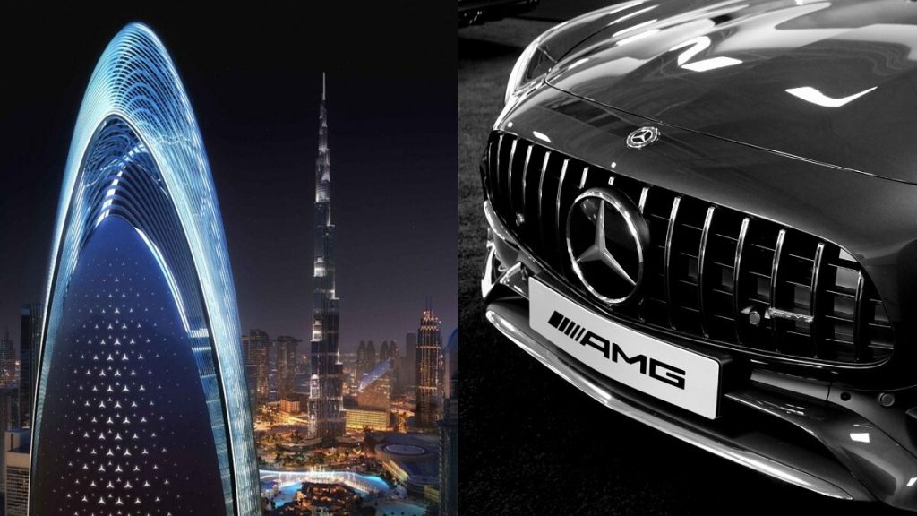 The plans for the Mercedes-Benz tower in Dubai, next to one of their cars