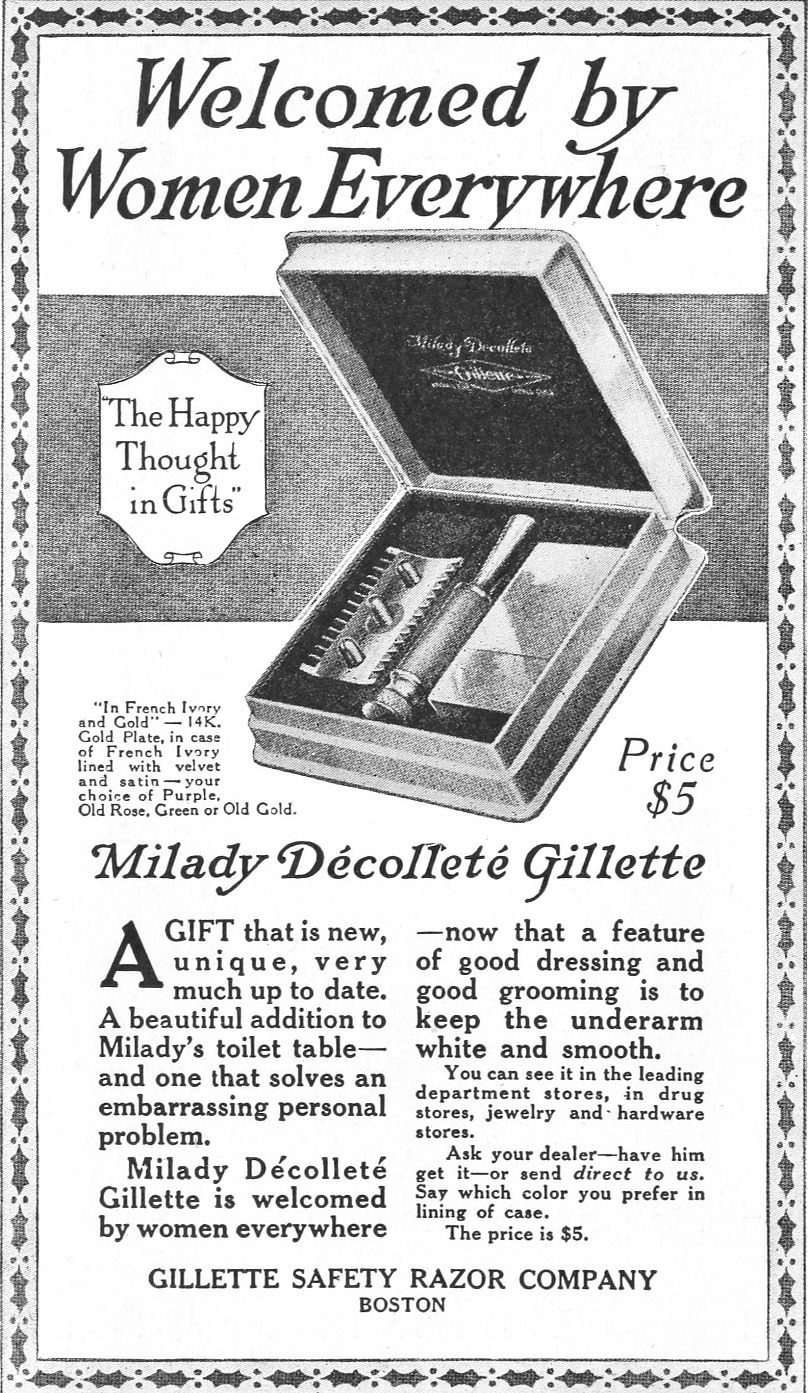 L'une des premières publicités Gillette ciblant les femmes, datant de 1915-1917.