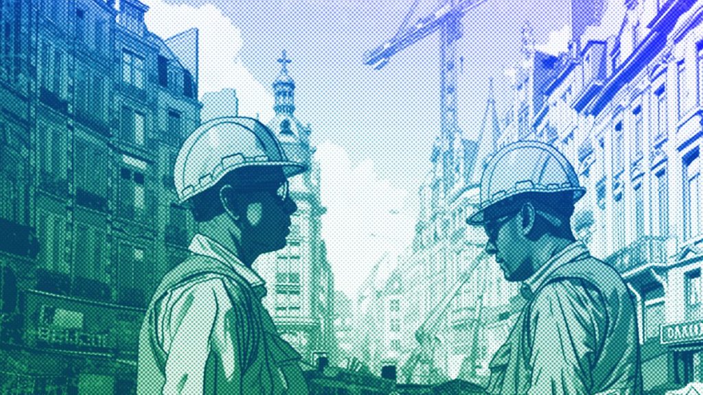 Construction workers in downtown Brussels, illustration