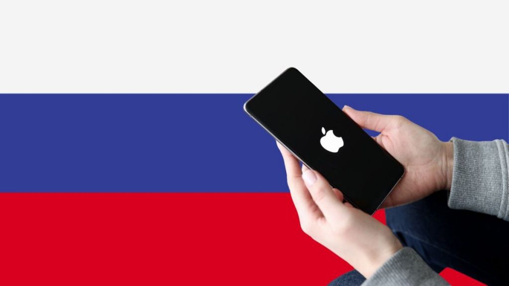 A montage depicting the Russian flag and an iPhone