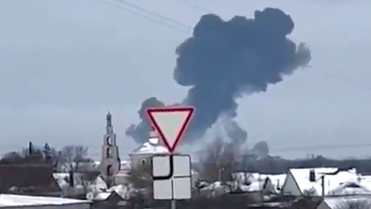 In this photo taken from validated UGC video smoke rises from the scene of a warplane crash at a residential area near Yablonovo, Belgorod region, Wednesday, Jun. 23, 2024.