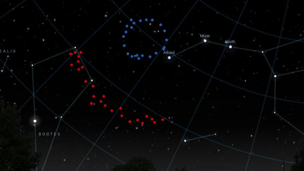 An artistic impression of what the Big Ring (shown in blue) and Giant Arc (shown in red) would look like in the sky.