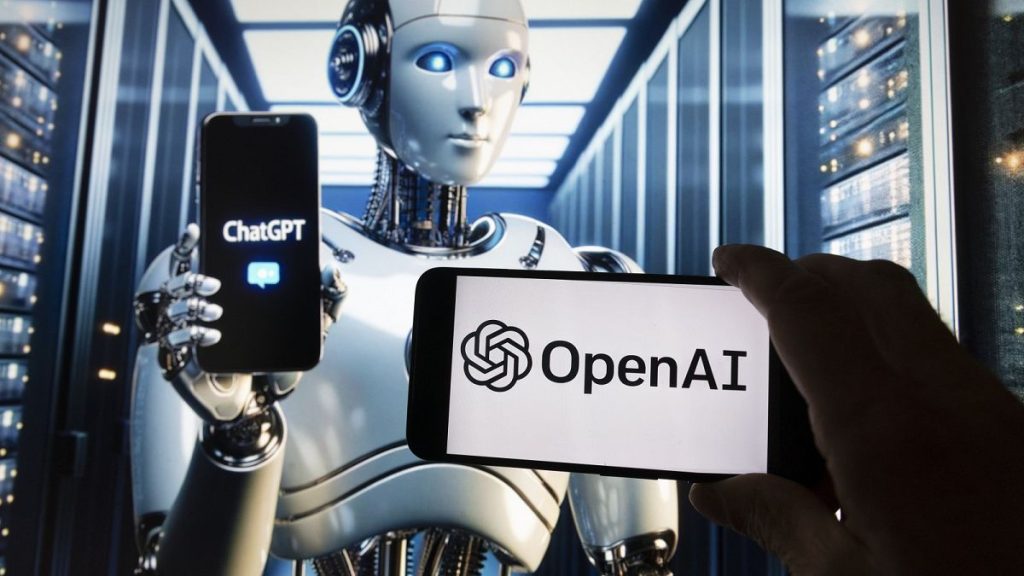 The OpenAI logo is seen displayed on a cell phone with an image on a computer screen generated by ChatGPT