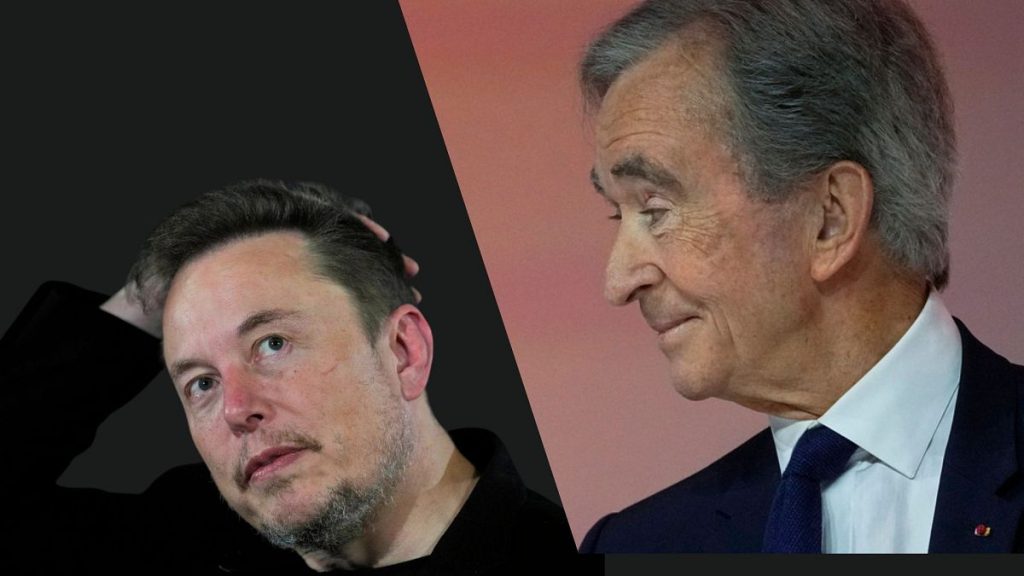 CEO of Tesla Motors Elon Musk on the left, LVMH luxury group CEO Bernard Arnault on the right