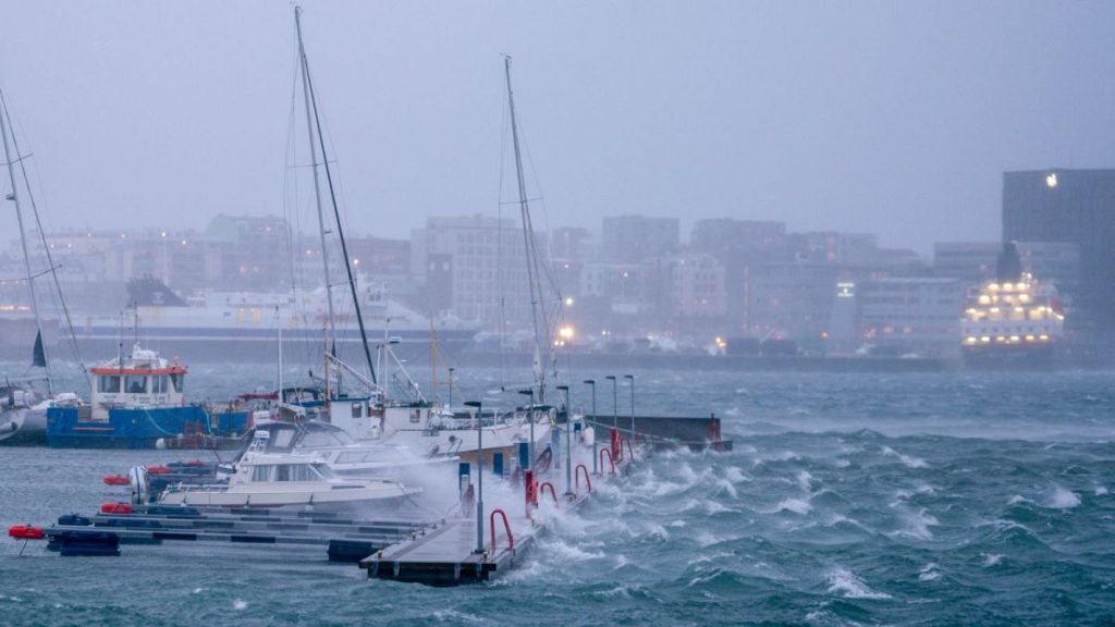 Boats in the harbour of Bodø, northern Norway, following Storm Ingunn, 1 February 2024.