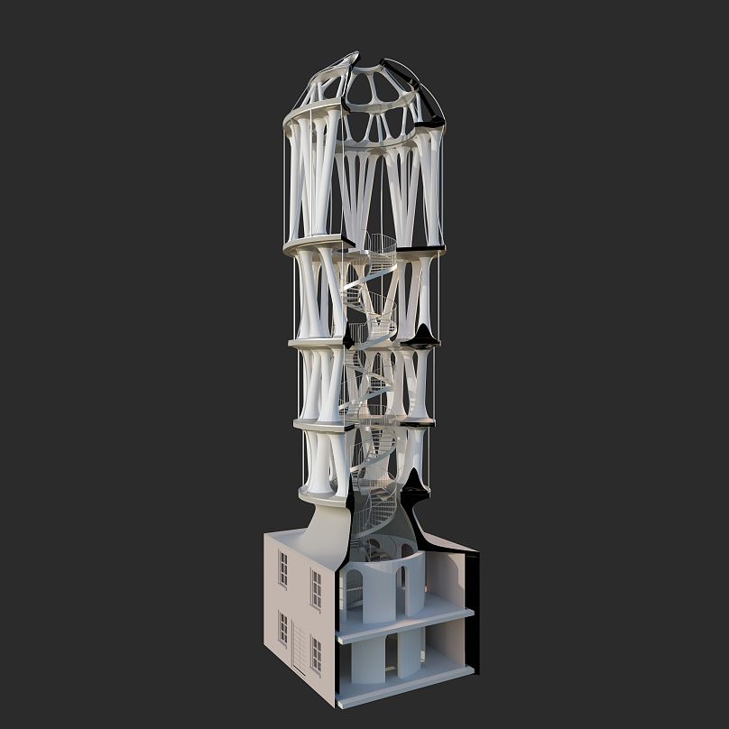La structure de 30 mètres de haut est composée de 32 colonnes en forme de Y, avec cinq niveaux reliés par un escalier central en colimaçon.