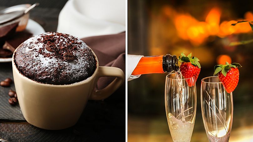 Desserts simples pour la Saint-Valentin : Mug cake au chocolat ou fraises et champagne.