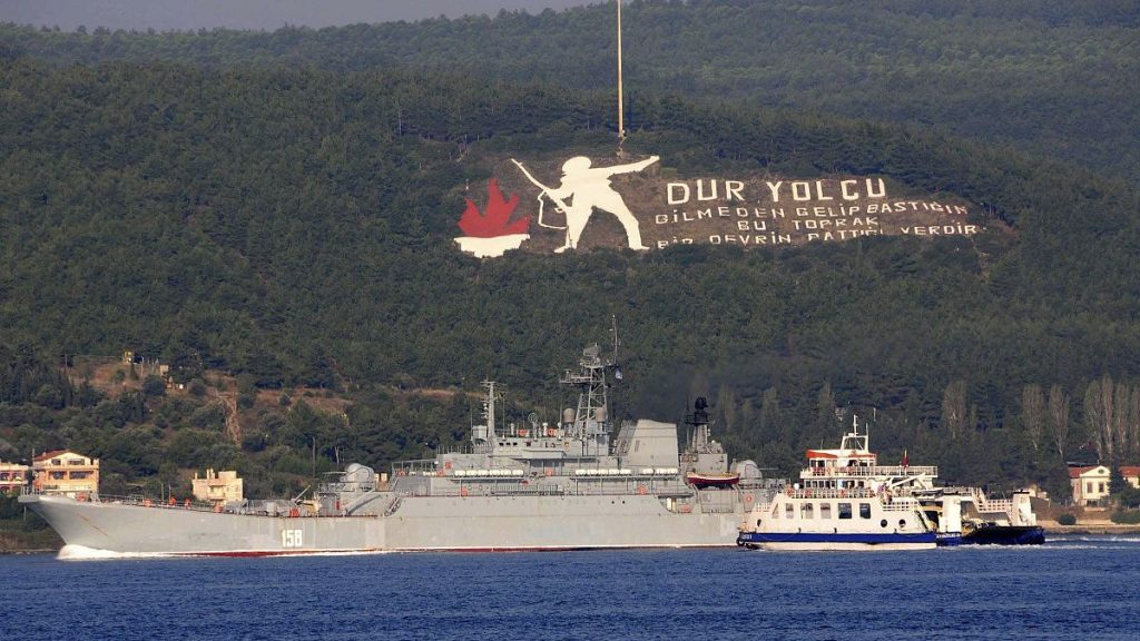 A Russian ship named Caesar Kunikov passes through the Dardanelles strait in Turkey en route to the Mediterranean Sea, on Oct. 4, 2015.