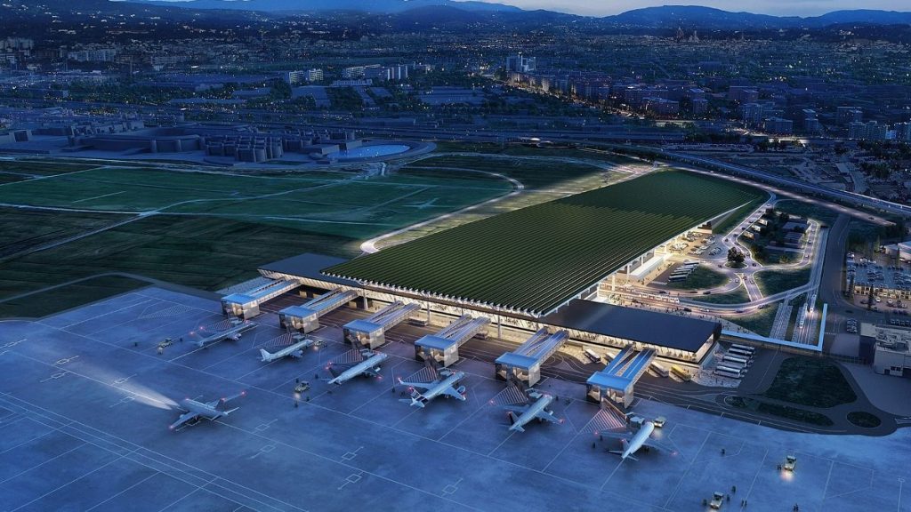 A view of the proposed design for the new Florence airport - complete with rooftop vineyard