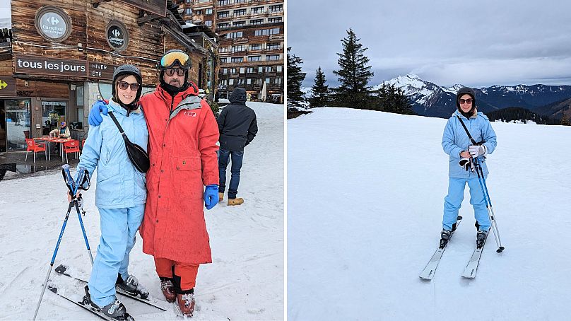 Angela avec le moniteur de ski Stéphane Jacquier.  |  La vue du haut du télésiège.