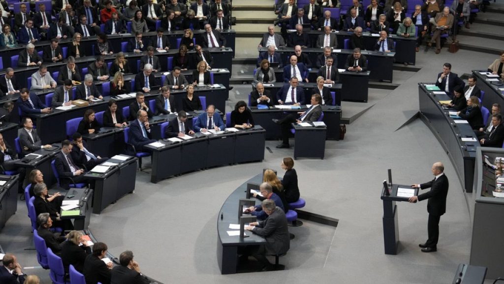 German Chancellor Olaf Scholz speaks during a general debate on the budget at the German parliament Bundestag in Berlin, Germany, Jan. 31, 2024.