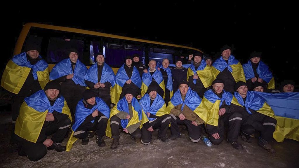 Ukrainian prisoners of war pose for a photo after a prisoner exchange with Russia.