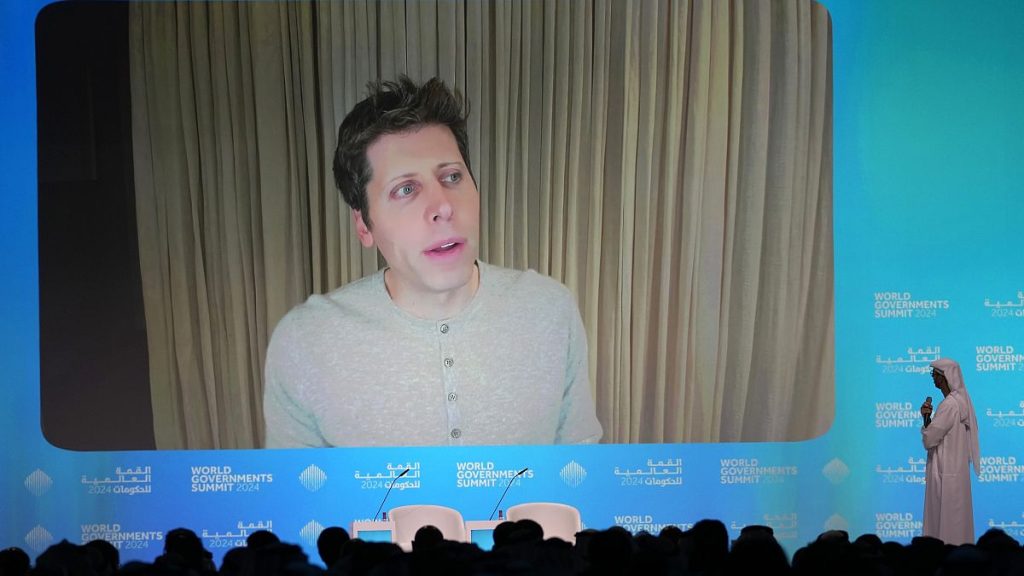 OpenAI CEO Sam Altman talks on a video chat during the World Government Summit in Dubai, United Arab Emirates, February 13, 2024.