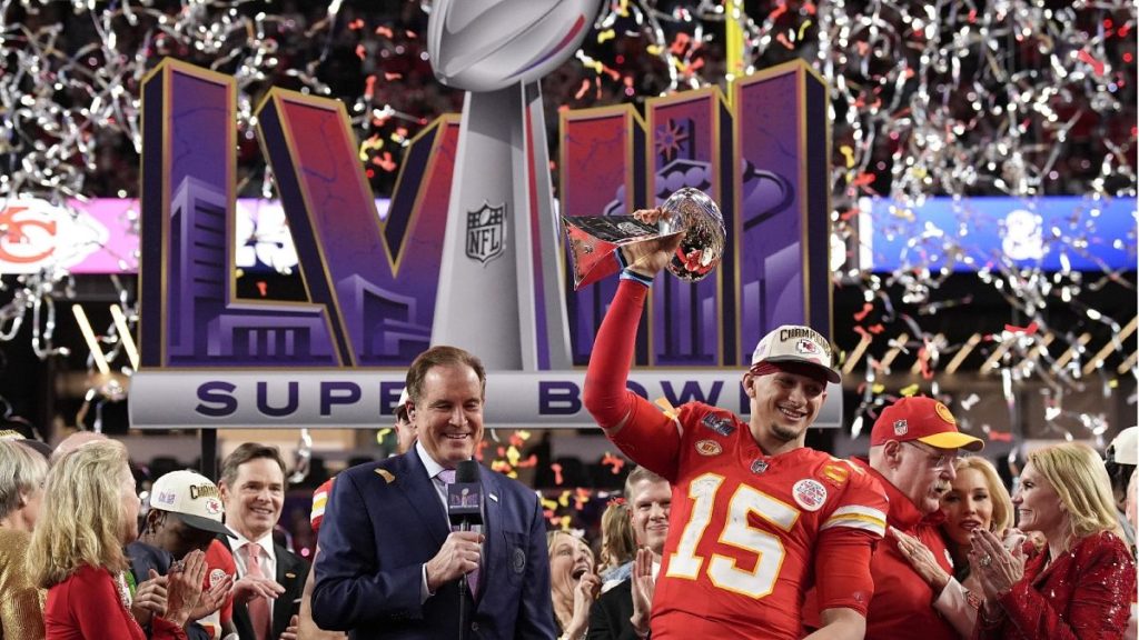 Kansas City Chiefs quarterback Patrick Mahomes (15) celebrates after the NFL Super Bowl 58 football game against the San Francisco 49ers, Sunday, Feb. 11, 2024, in Las Vegas.