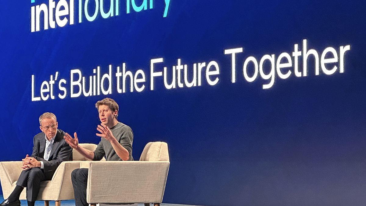 OpenAI Sam Altman, right, discusses the need for more chips designed for artificial intelligence with Intel CEO Pat Gelsinger.