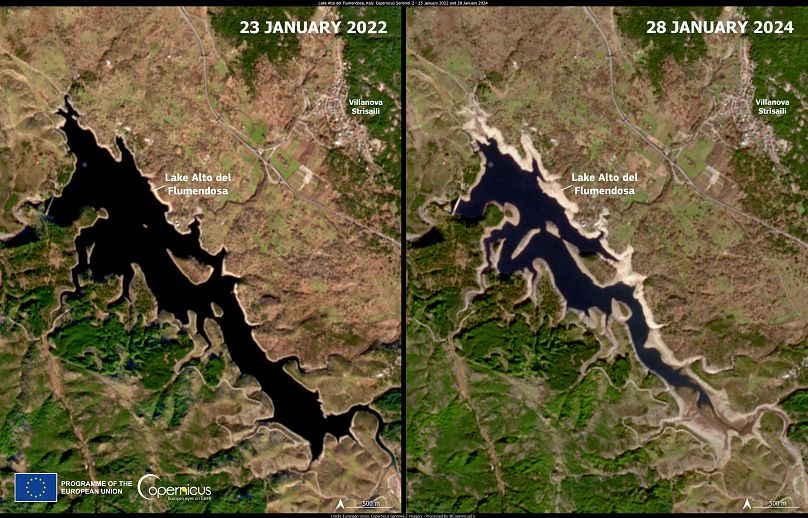 Ces images du lac Alto del Flumendosa, qui alimente en eau douce une grande partie de l'est de la Sardaigne, montrent la baisse significative du niveau de l'eau.