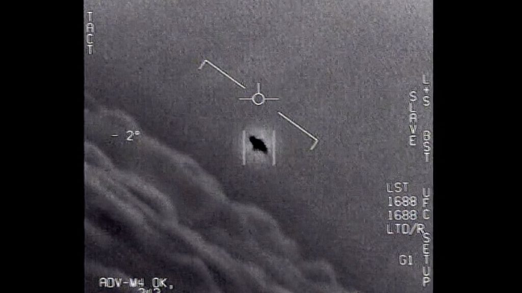 The image from video provided by the Department of Defense labelled Gimbal, from 2015, an unexplained object is seen at center.