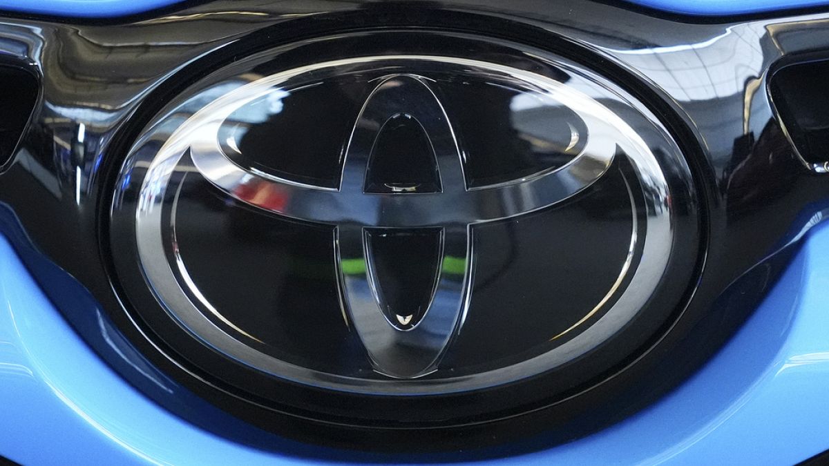 This is the Toyota logo on a Toyota GR Corolla on display at the Pittsburgh International Auto Show in Pittsburgh, Feb. 15, 2024. (AP Photo/Gene J. Puskar)