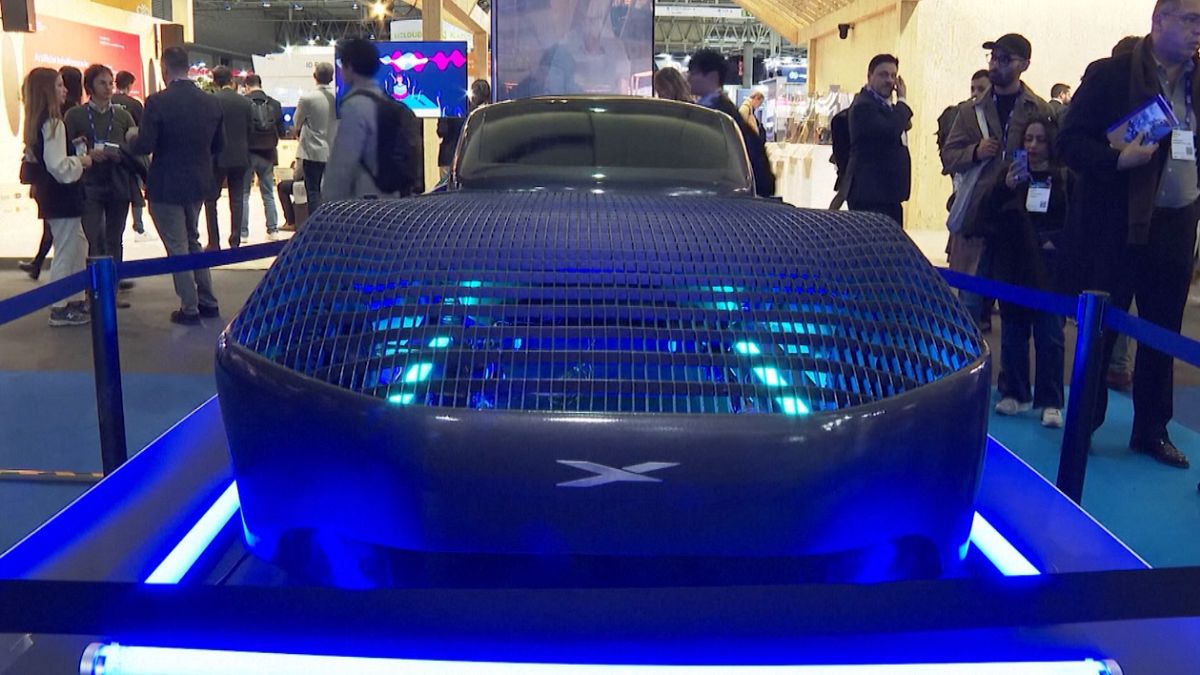 Working scale model of a flying car at Mobile World Congress tech show in Barcelona, 2024.