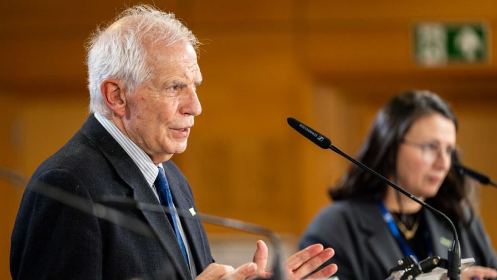 Josep Borrell speaks following a meeting of EU minsiters, Brussels, 12 February