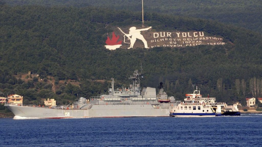 A Russian ship named Caesar Kunikov passes through the Dardanelles strait in Turkey en route to the Mediterranean Sea, on Oct. 4, 2015.