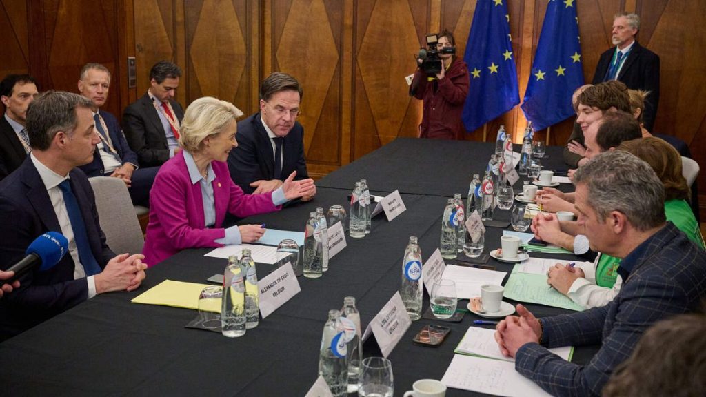 Ursula von der Leyen, European Commission President, Alexander De Croo, Belgian Prime Minister and Mark Rutte, Prime Minister of the Netherlands, meet farmer reoresentatives