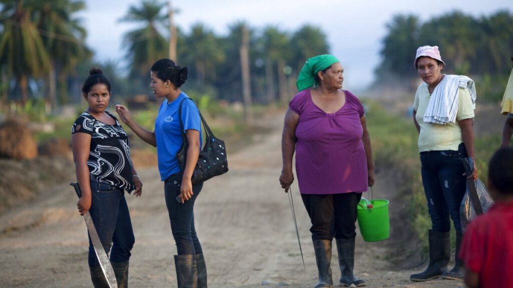 In this May 7, 2012 photo, women, with machetes in hand, wait for a truck to drive them to their work areas of their African palm tree plantation in La Confianza, Honduras.