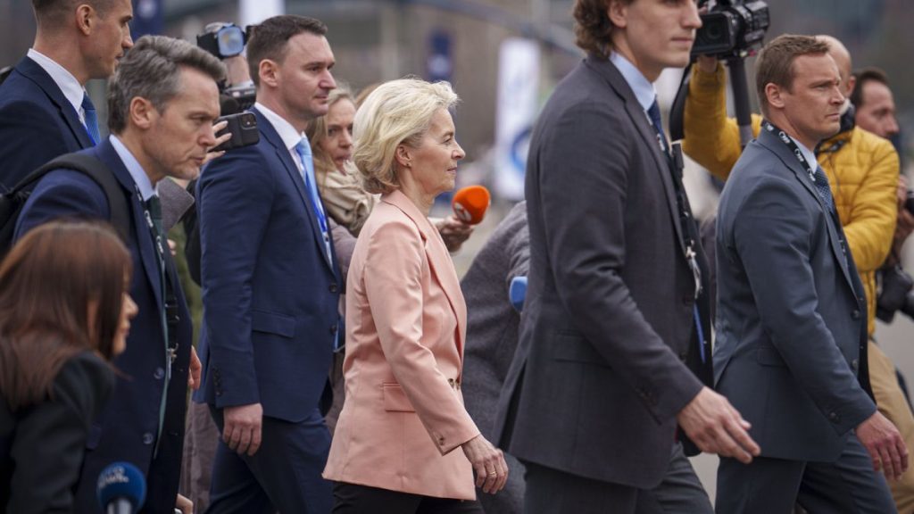 European Commission President Ursula von der Leyen walks to the venue of the EPP Congress in Bucharest, Romania, Wednesday, March 6, 2024.