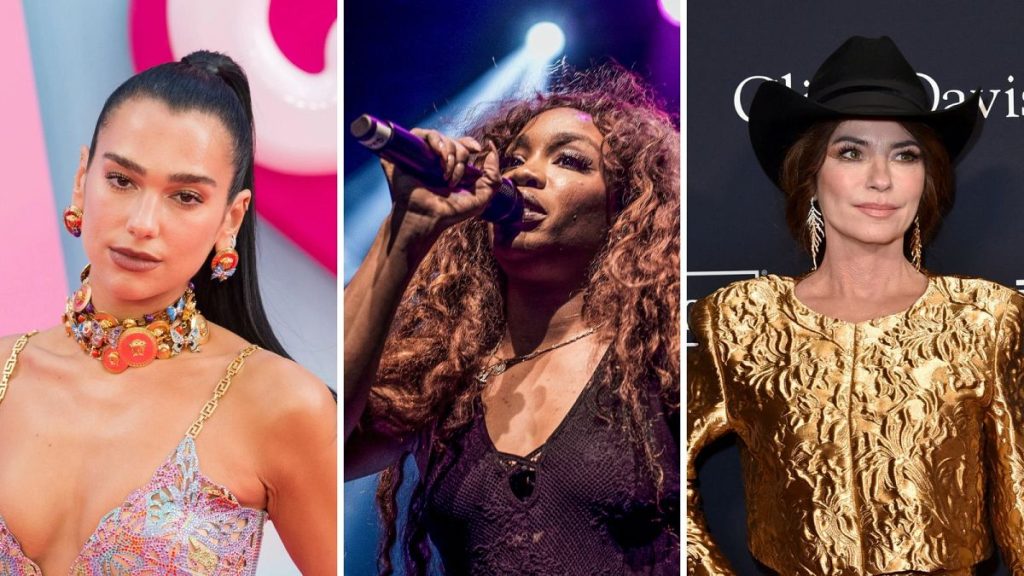 Glastonbury 2024 will feature Dua Lipa (left), SZA (centre) and Shania Twain as the