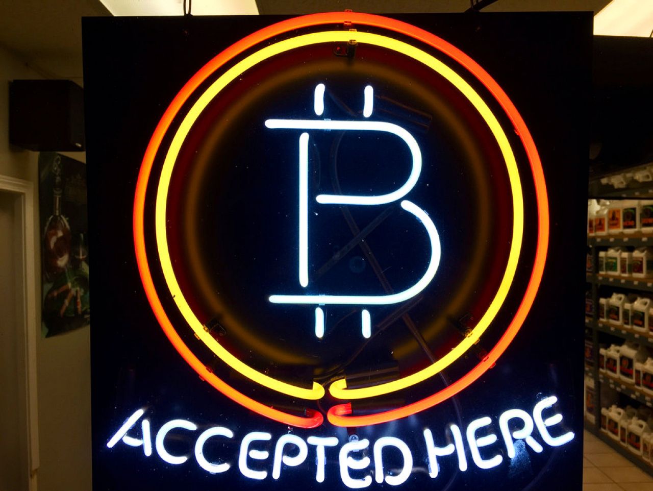 Un dossier, une photo, une enseigne au néon accrochée à la fenêtre de Healthy Harvest Indoor Gardening à Hillsboro, Oregon, montre que l'entreprise accepte le bitcoin comme moyen de paiement.