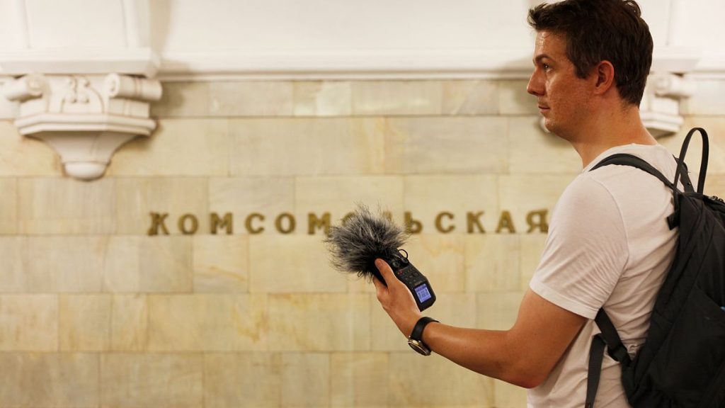 Stuart Fowkes recording Komsomolskaya station in the Russian capital Moscow