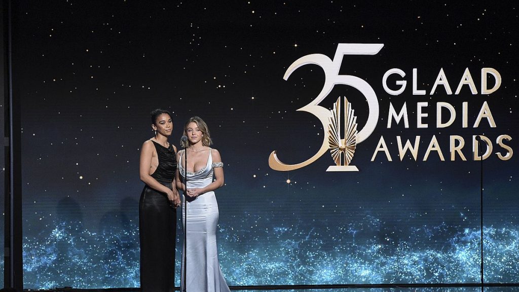 Alexandra Shipp, left, and Sydney Sweeney at the 35th annual GLAAD Media Awards.