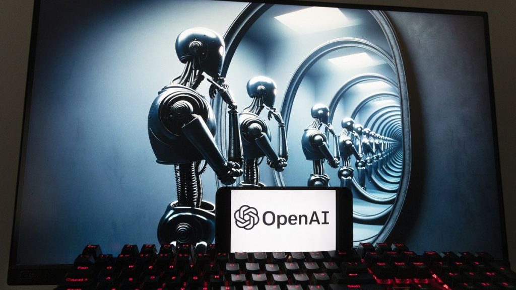 The OpenAI logo is seen displayed on a cell phone with an image on a computer screen generated by ChatGPT