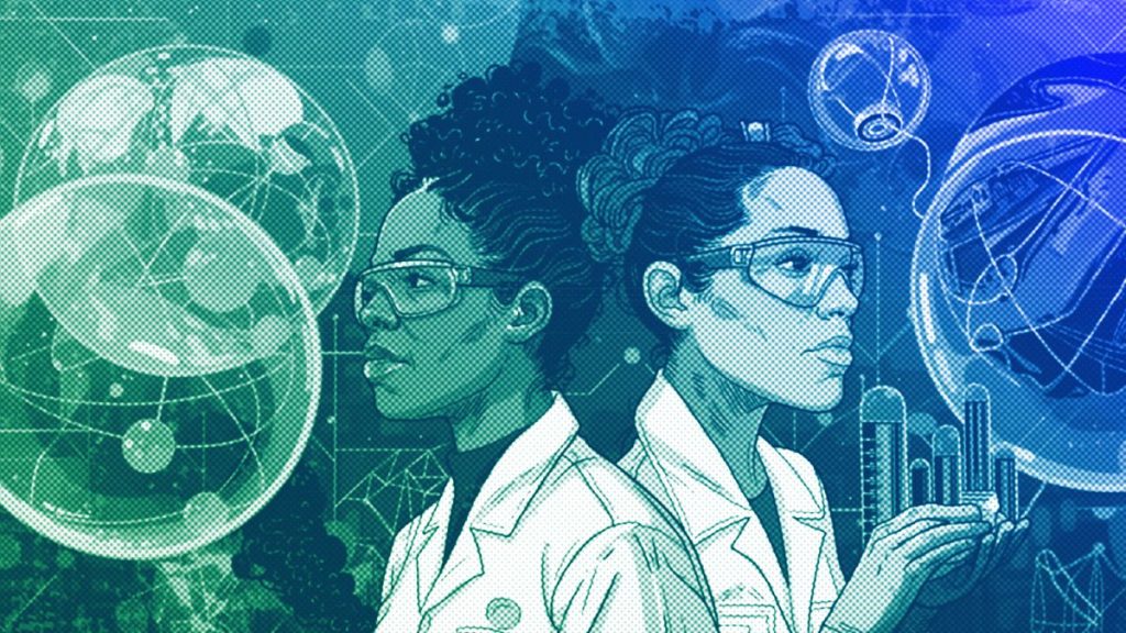 Scientists in a lab, illustration