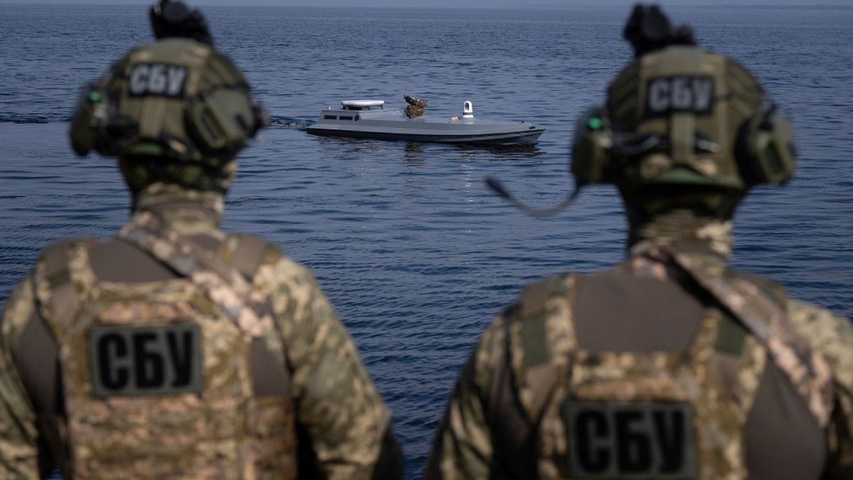 A new released Sea Baby drone "Avdiivka" rides on the water during the presentation by Ukraine